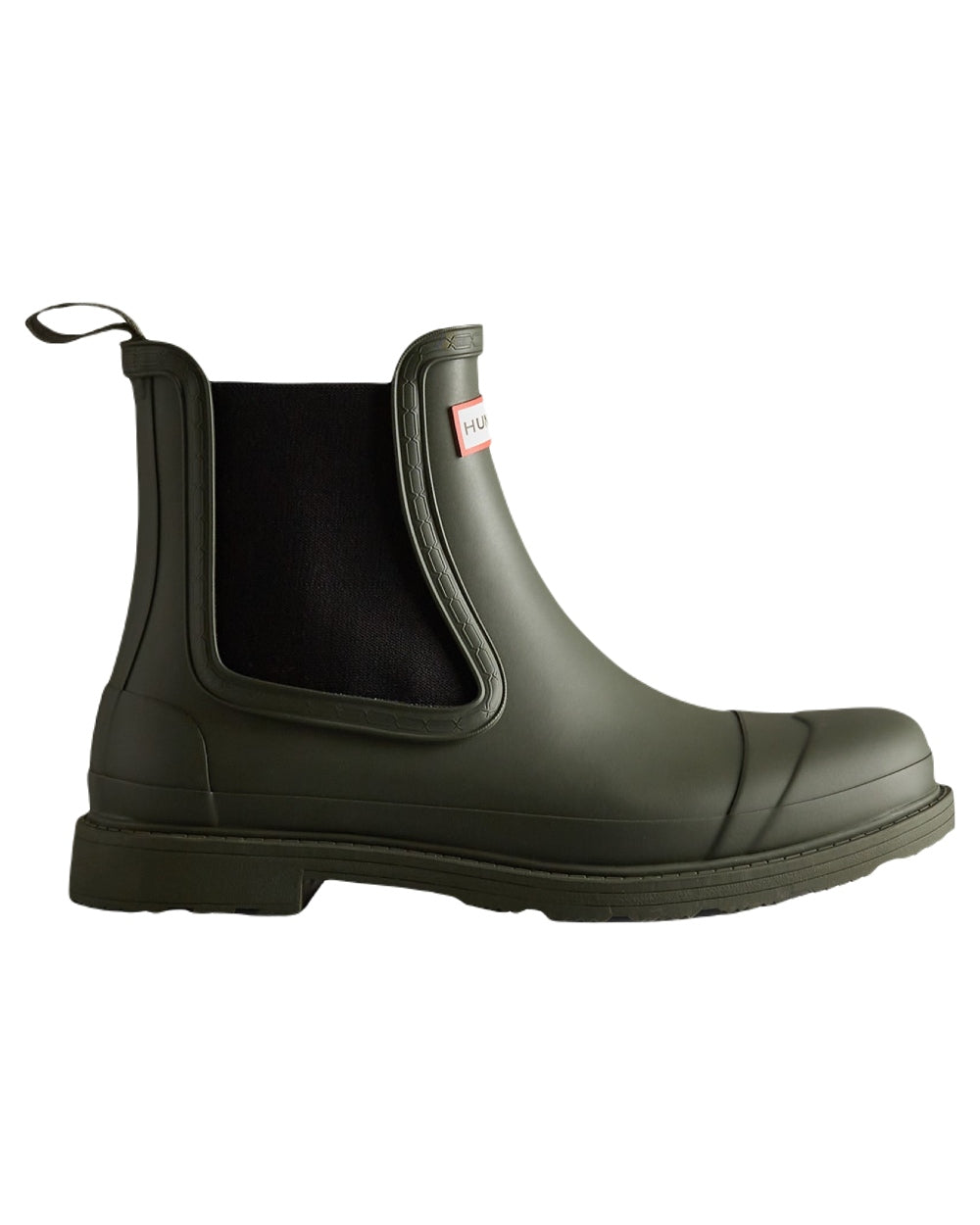 Dark Olive Coloured Hunter Mens Commando Chelsea Boots on White Background
