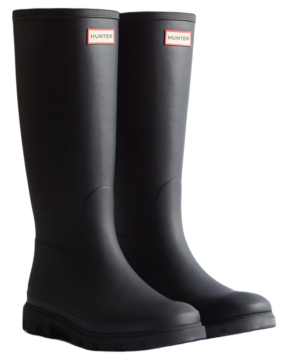 Black Coloured Hunter Mens Downpour Tall Wellingtons on white background
