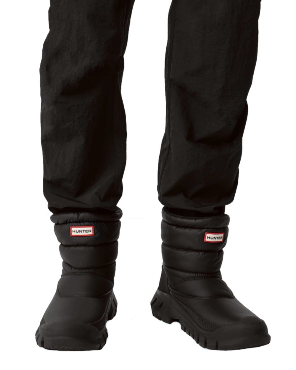 Black Coloured Hunter Mens Intrepid Short Snow Boots on White Background
