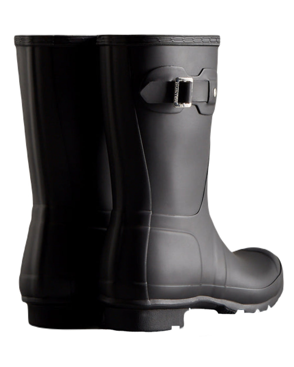 Black Coloured Hunter Mens Original Short Wellington Boots on White Background
