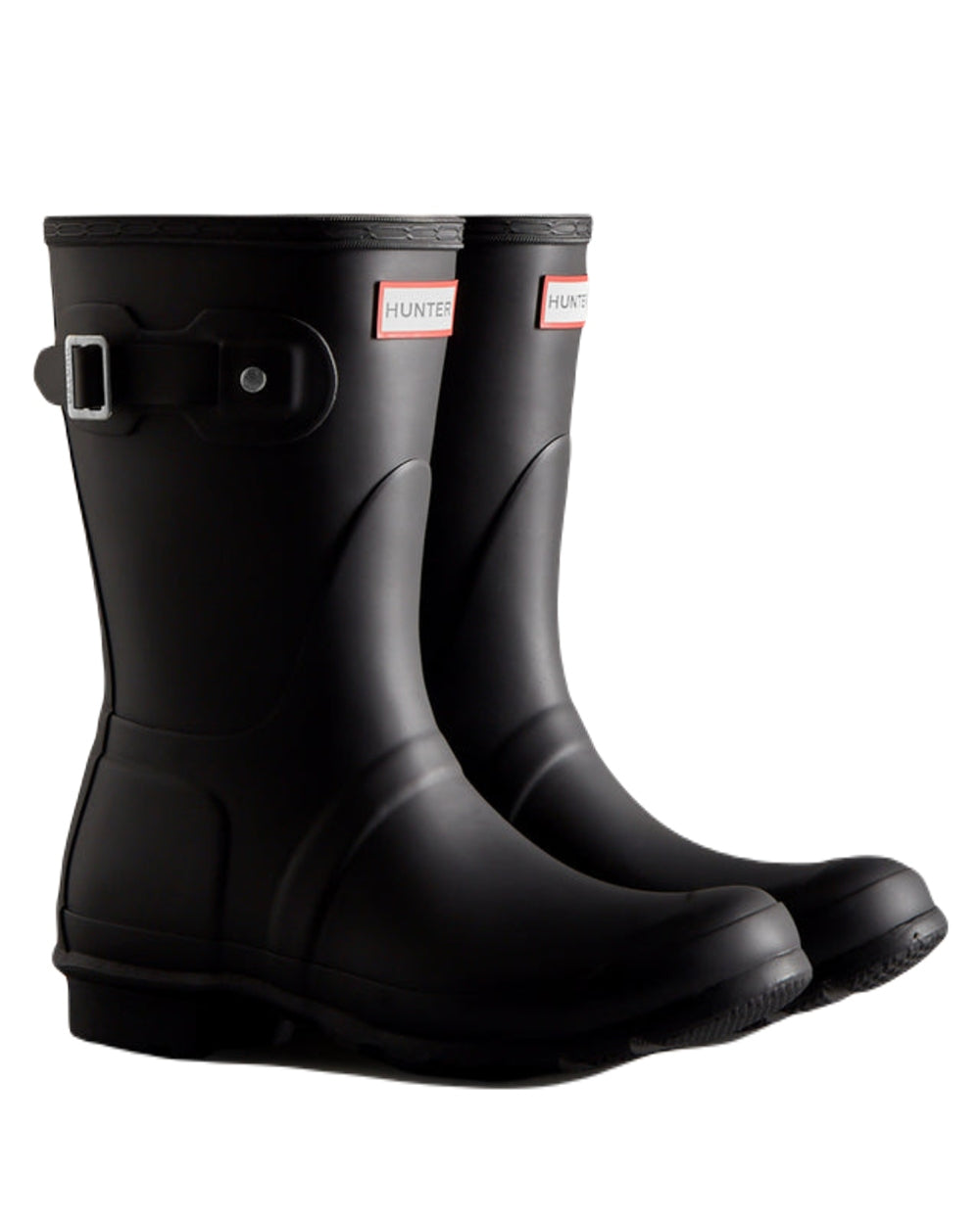 Black Coloured Hunter Mens Original Short Wellington Boots on White Background
