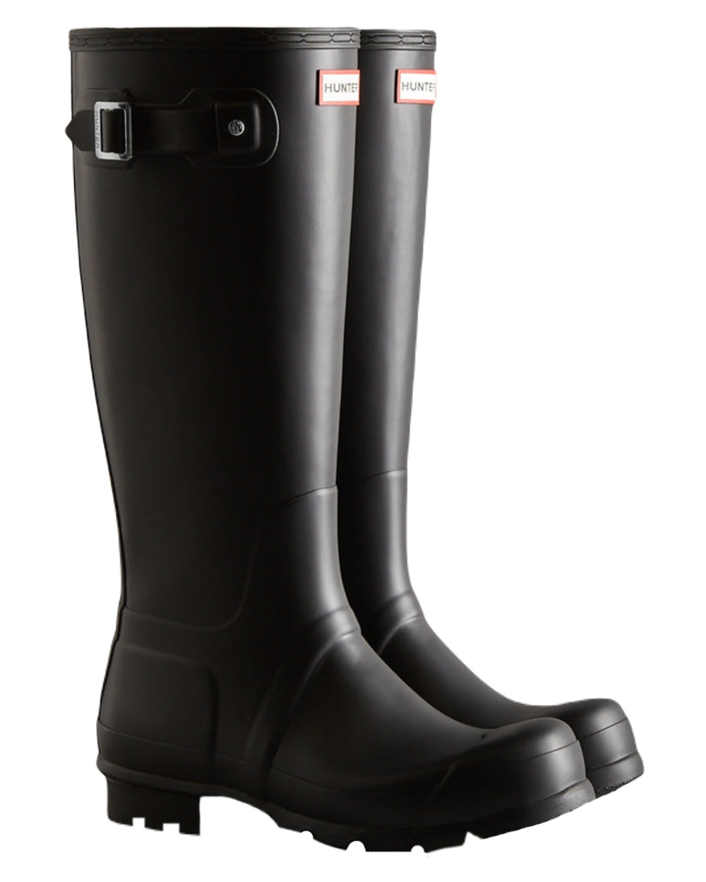 Black Coloured Hunter Mens Original Tall Wellington Boots on White Background
