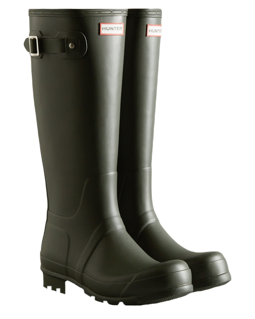 Dark Olive Coloured Hunter Mens Original Tall Wellington Boots on White Background
