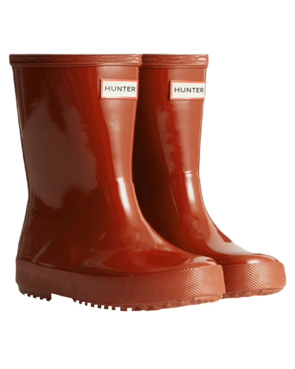 Military Red Coloured Hunter Original Kids First Gloss Wellington Boots on White Background
