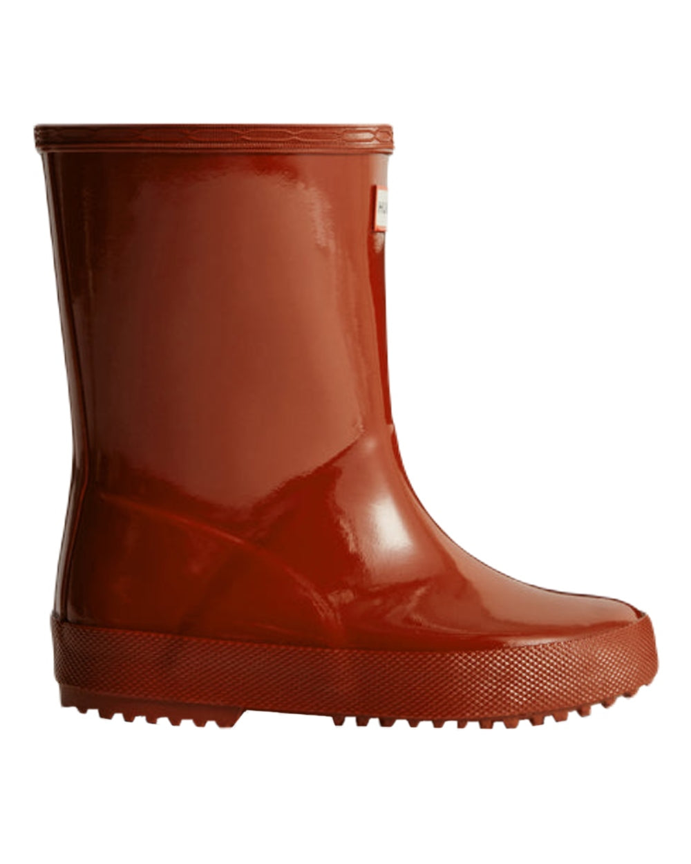 Military Red Coloured Hunter Original Kids First Gloss Wellington Boots on White Background

