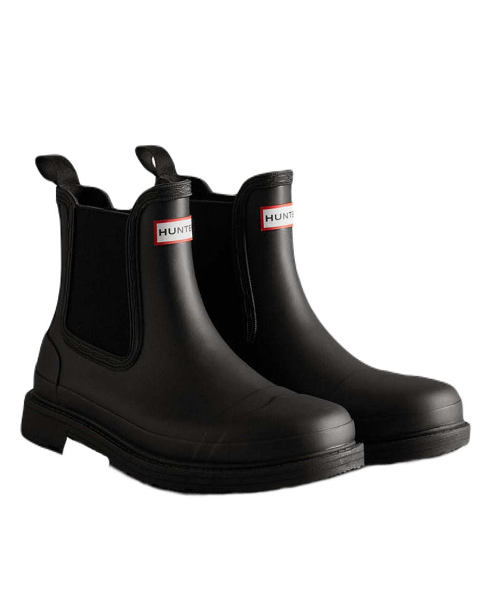 Black Coloured Hunter Womens Commando Chelsea Boots on White Background
