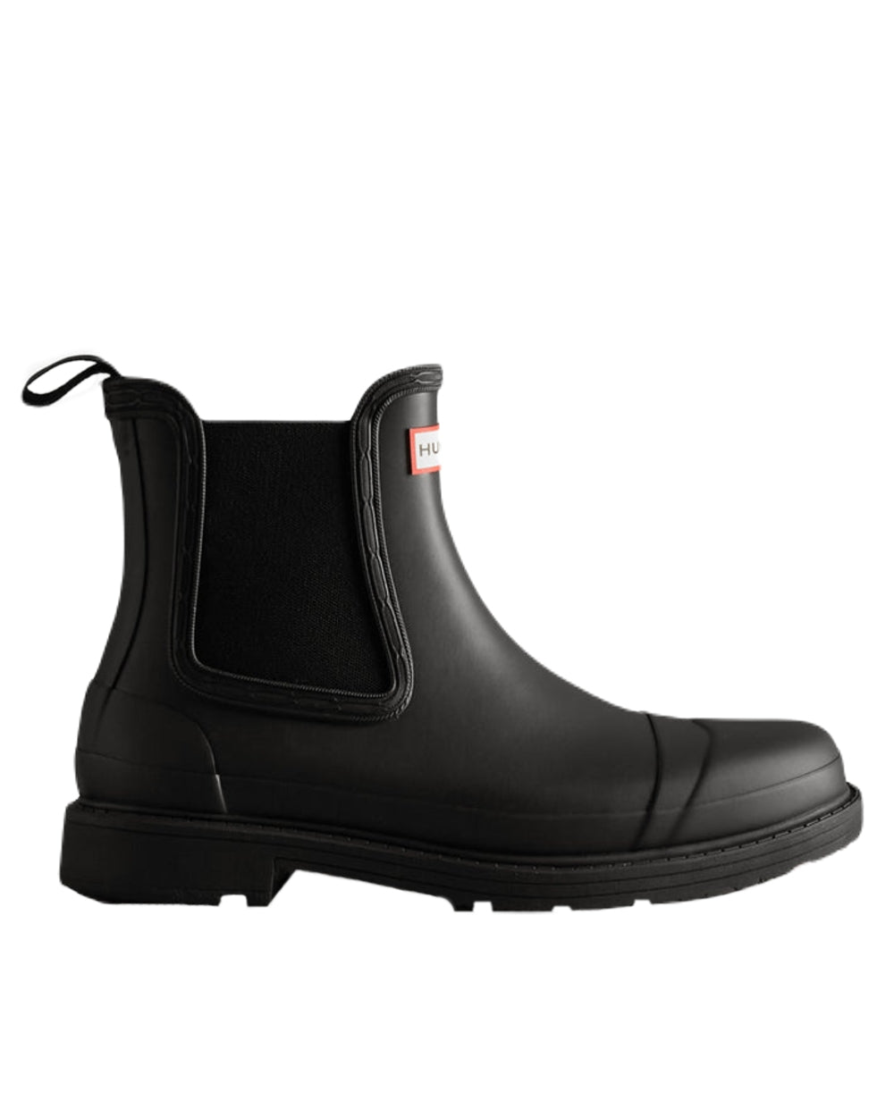 Black Coloured Hunter Womens Commando Chelsea Boots on White Background
