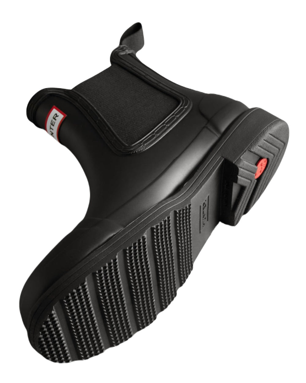 Black Coloured Hunter Womens Commando Chelsea Boots on White Background
