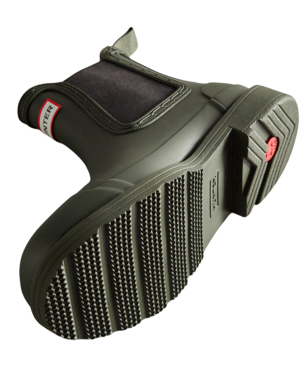 Dark Olive Coloured Hunter Womens Commando Chelsea Boots on White Background
