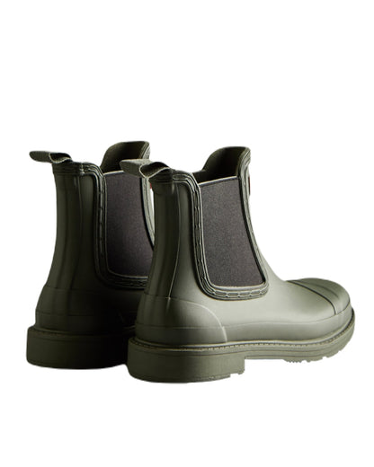 Dark Olive Coloured Hunter Womens Commando Chelsea Boots on White Background
