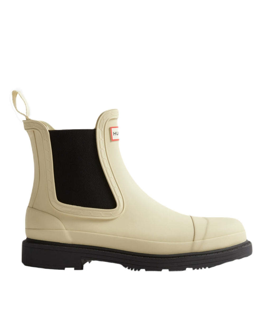 Gravel Black Coloured Hunter Womens Commando Chelsea Boots on White Background
