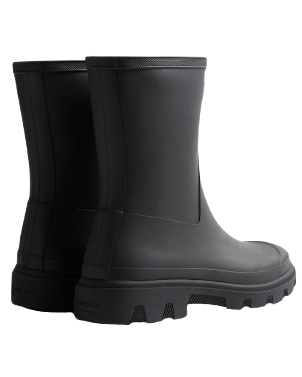Black Coloured Hunter Womens Downpour Short Wellington Boots on White Background
