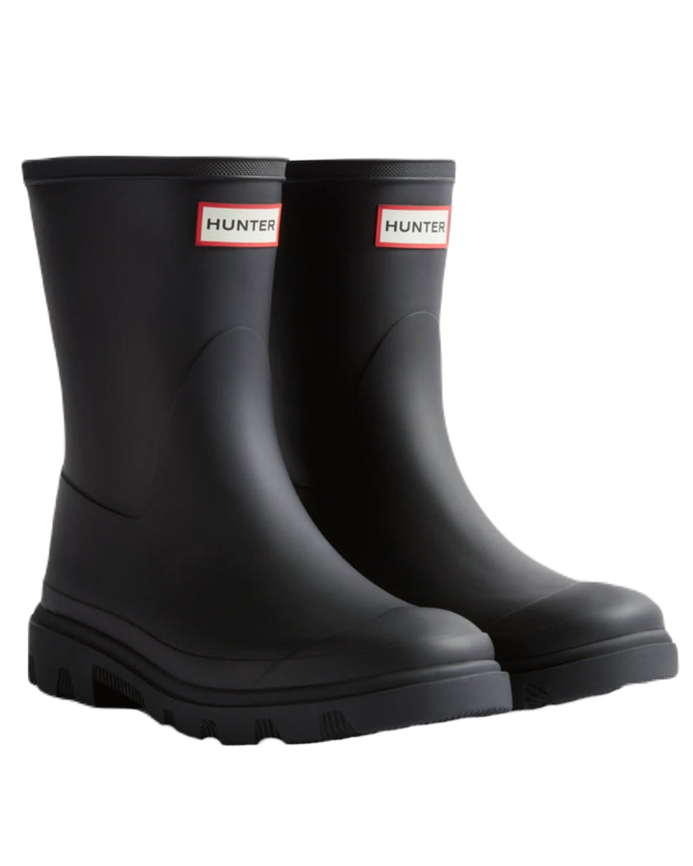 Black Coloured Hunter Womens Downpour Short Wellington Boots on White Background

