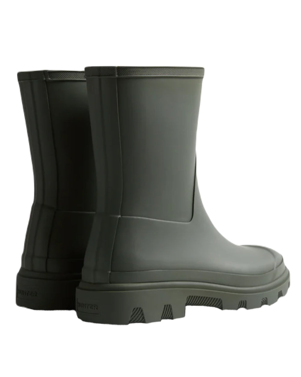 Dark Olive Coloured Hunter Womens Downpour Short Wellington Boots on White Background
