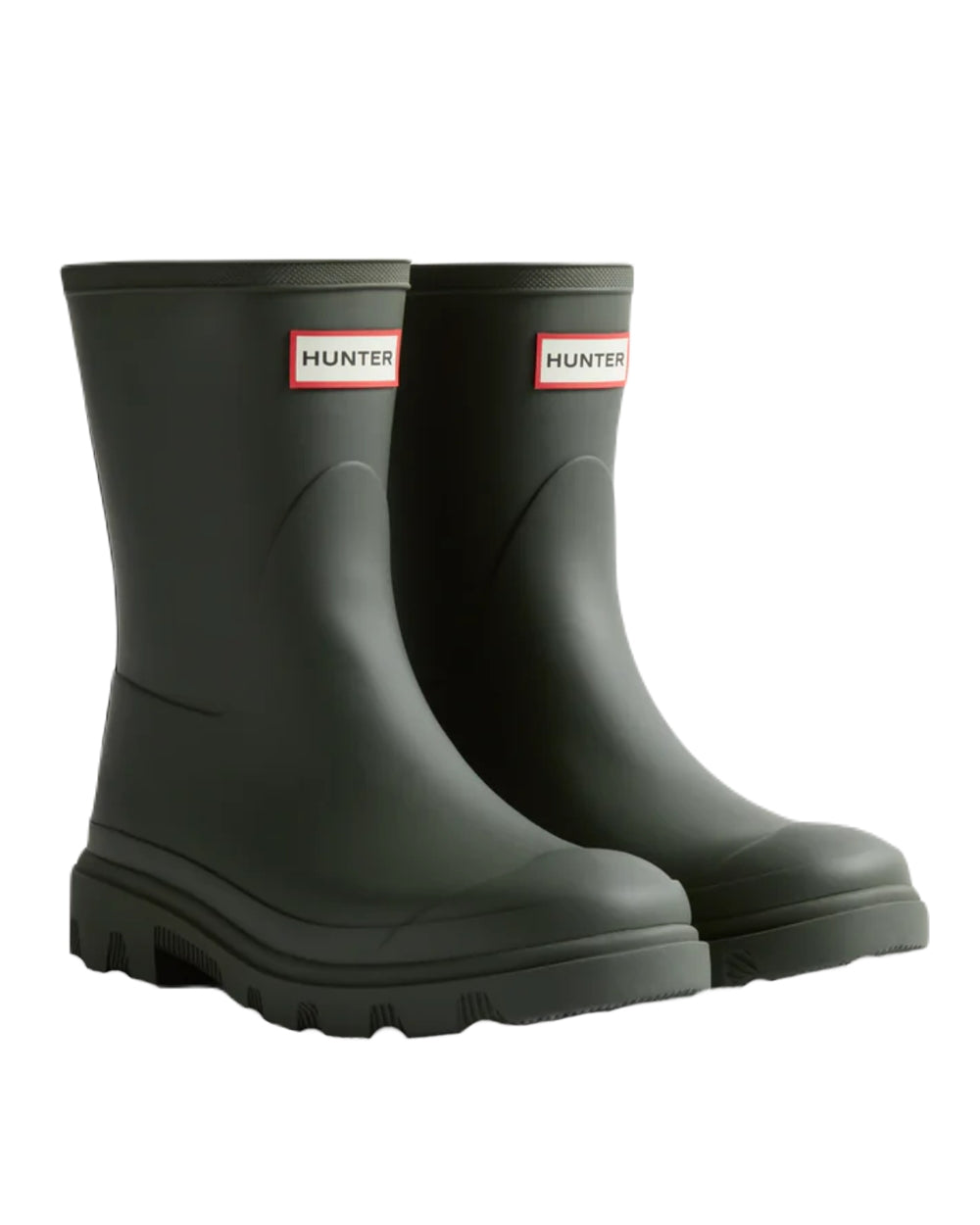 Dark Olive Coloured Hunter Womens Downpour Short Wellington Boots on White Background
