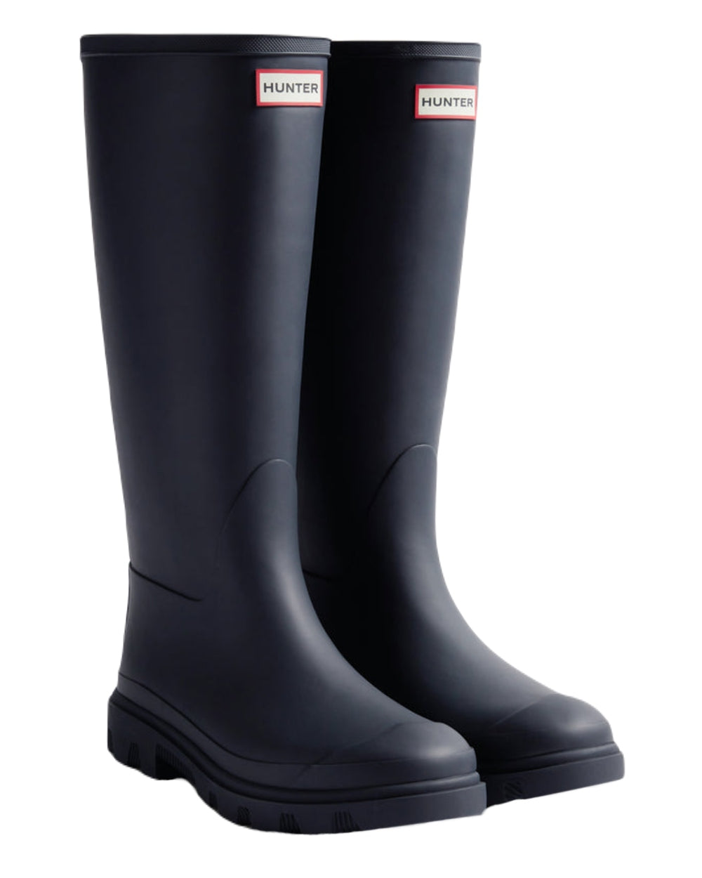 Hunter Navy Coloured Hunter Womens Downpour Tall Wellingtons on white background

