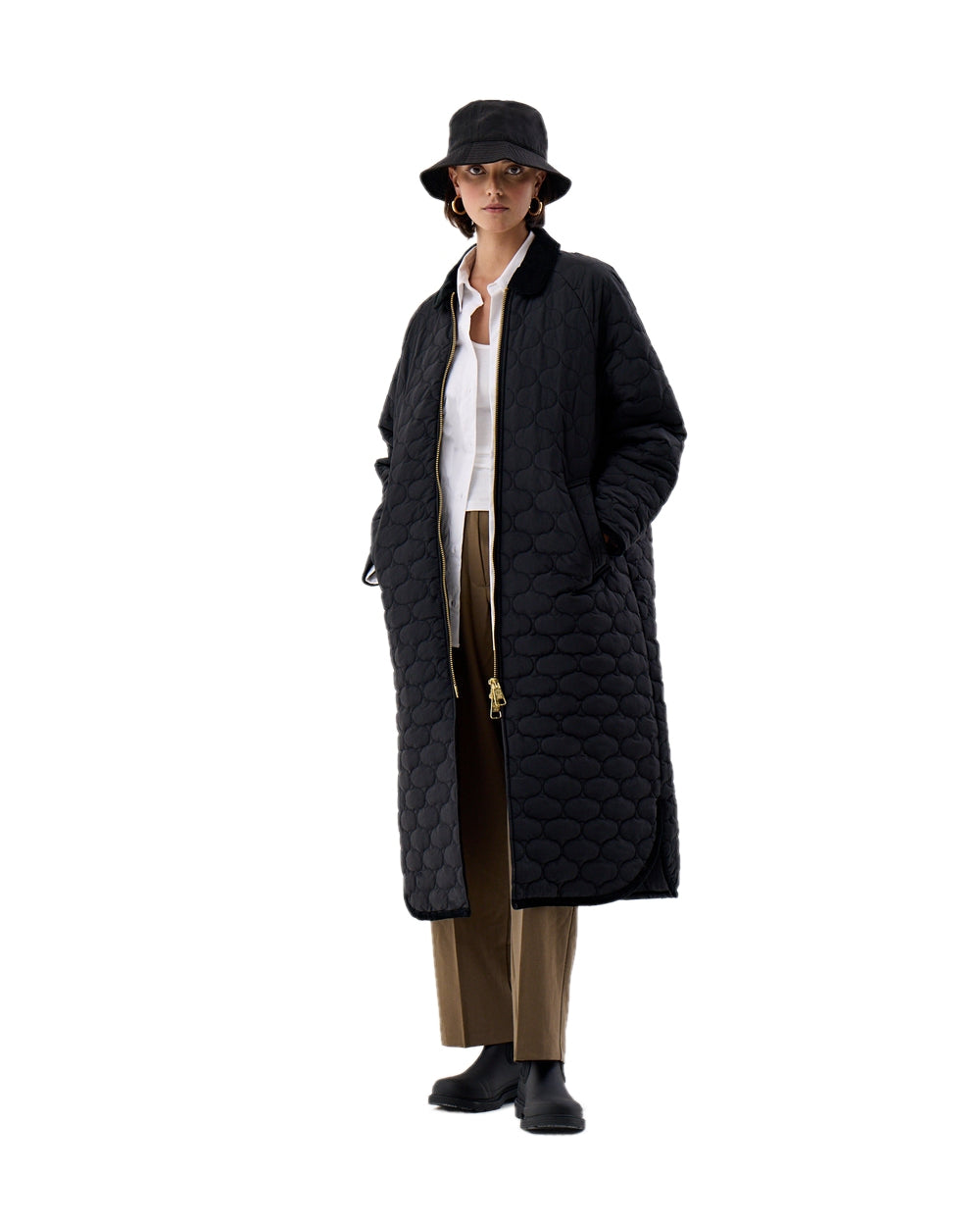Black Coloured Hunter Womens Fionn Long Quilted Coat on White Background
