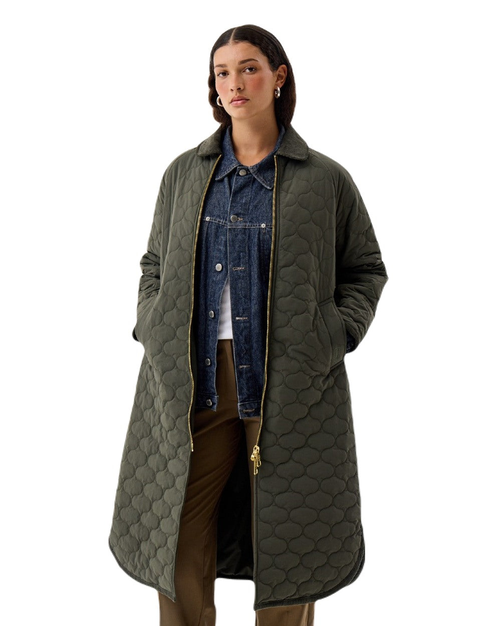 Kambaba Green Coloured Hunter Womens Fionn Long Quilted Coat on White Background
