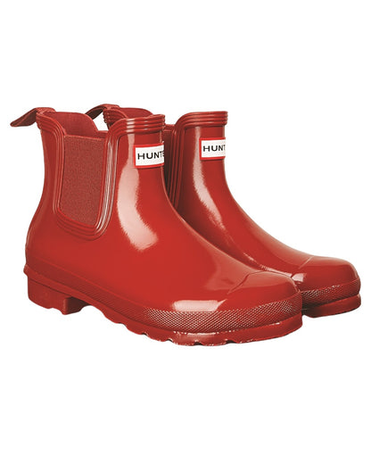 Military Red Coloured Hunter Womens Original Chelsea Gloss Boots on White Background
