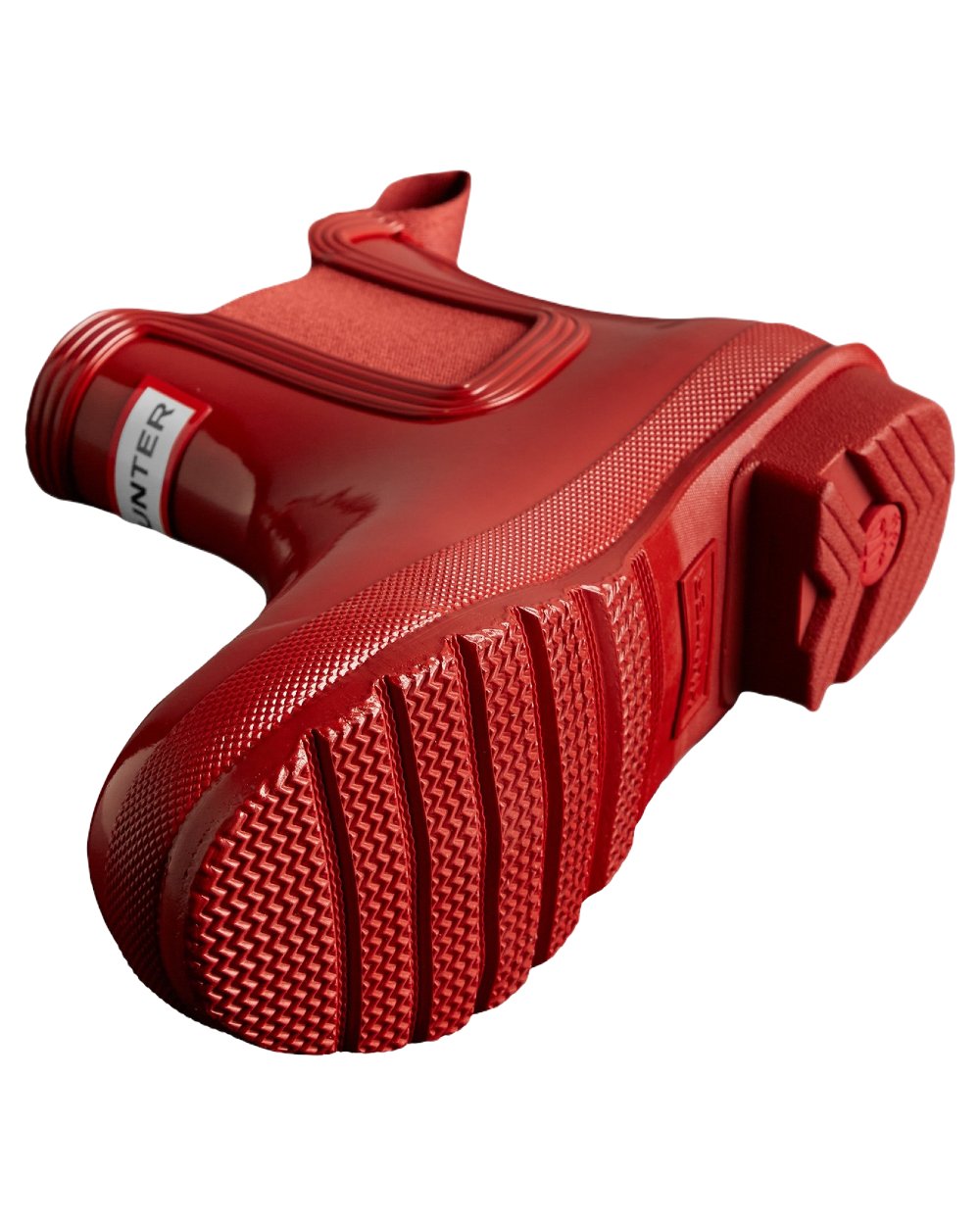 Military Red Coloured Hunter Womens Original Chelsea Gloss Boots on White Background
