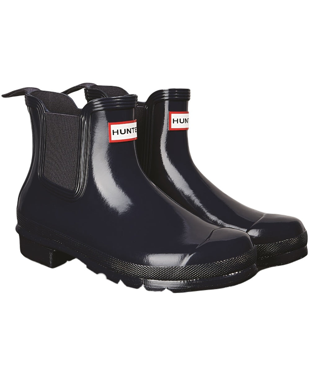 Navy Coloured Hunter Womens Original Chelsea Gloss Boots on White Background
