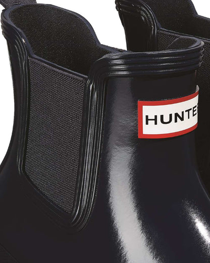 Navy Coloured Hunter Womens Original Chelsea Gloss Boots on White Background
