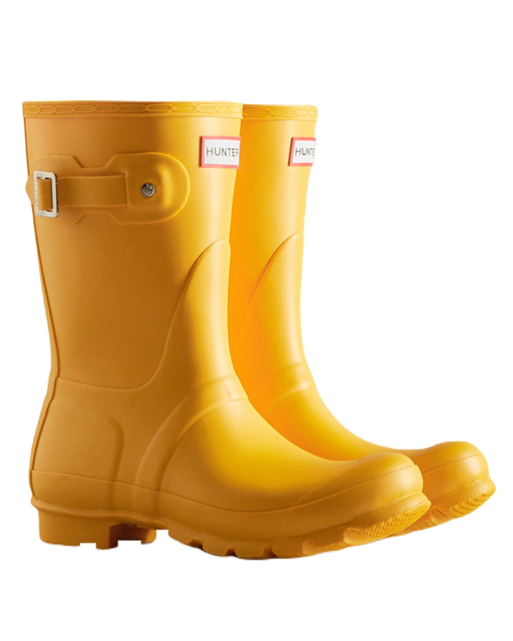 Yellow Coloured Hunter Womens Original Short Wellington Boots on White Background
