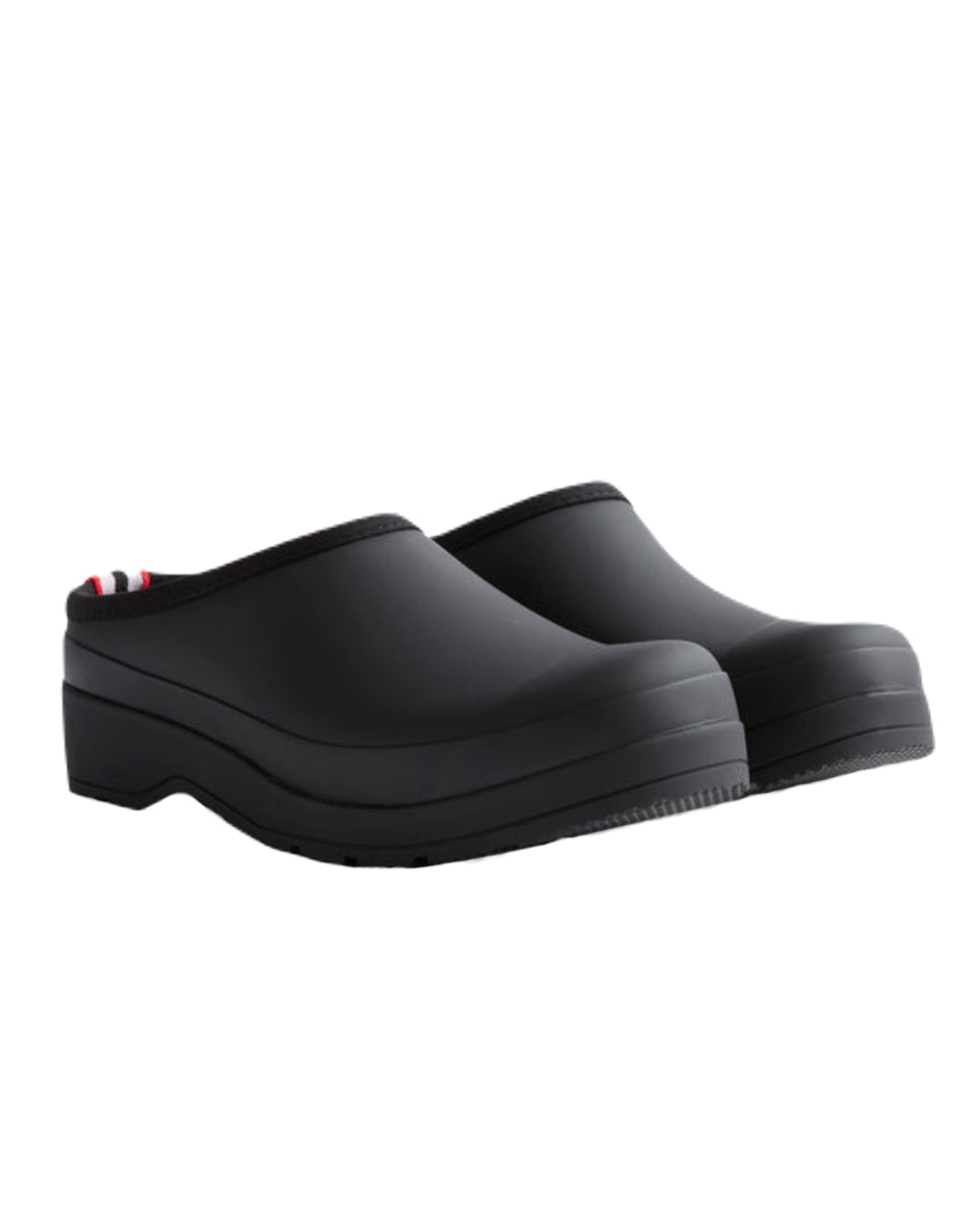 Black Coloured Hunter Womens Play Clogs on White Background
