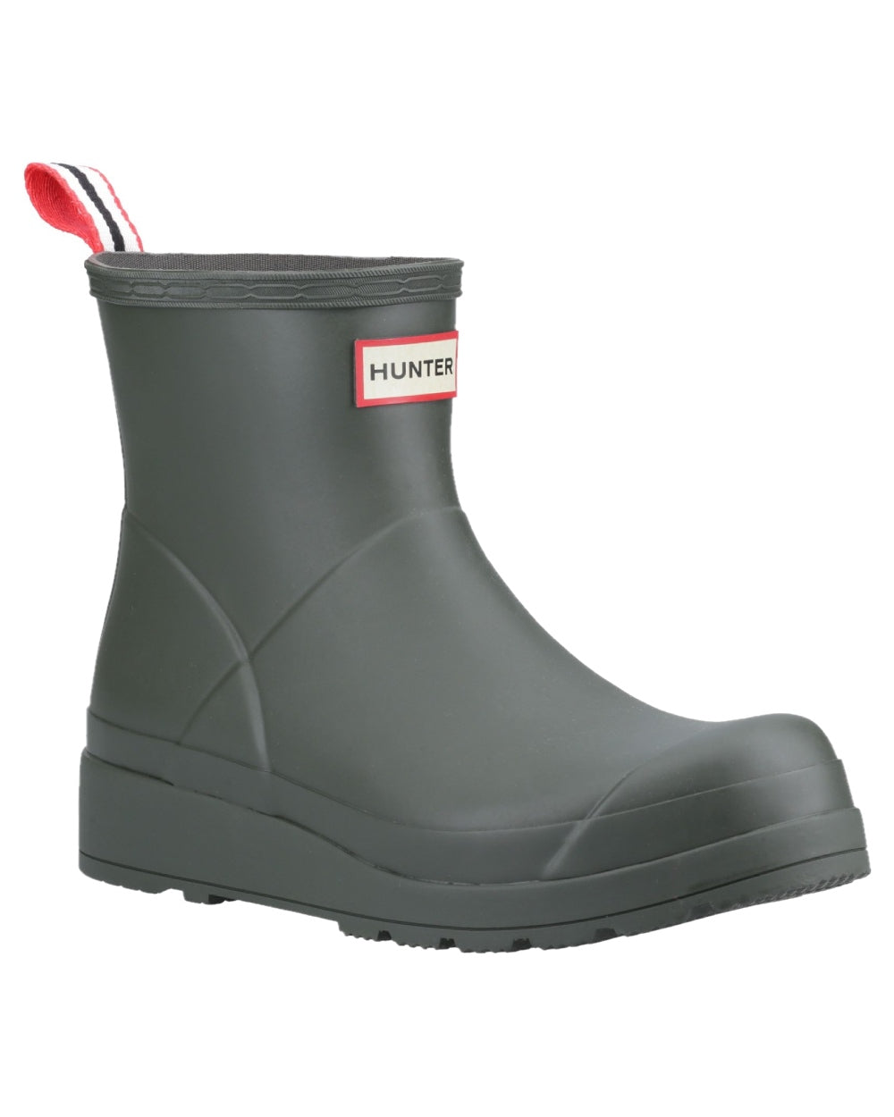 Dark Olive Coloured Hunter Womens Play Short Wellingtons on white background
