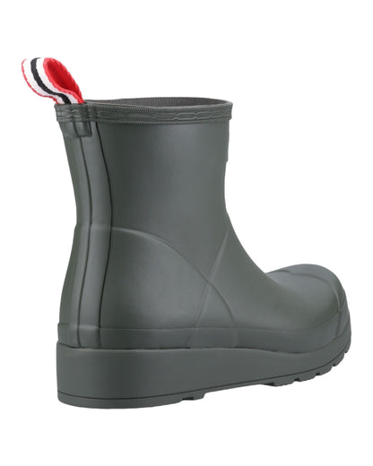 Dark Olive Coloured Hunter Womens Play Short Wellingtons on white background
