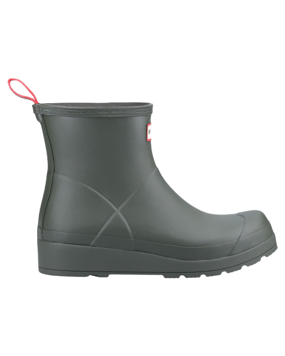 Dark Olive Coloured Hunter Womens Play Short Wellingtons on white background
