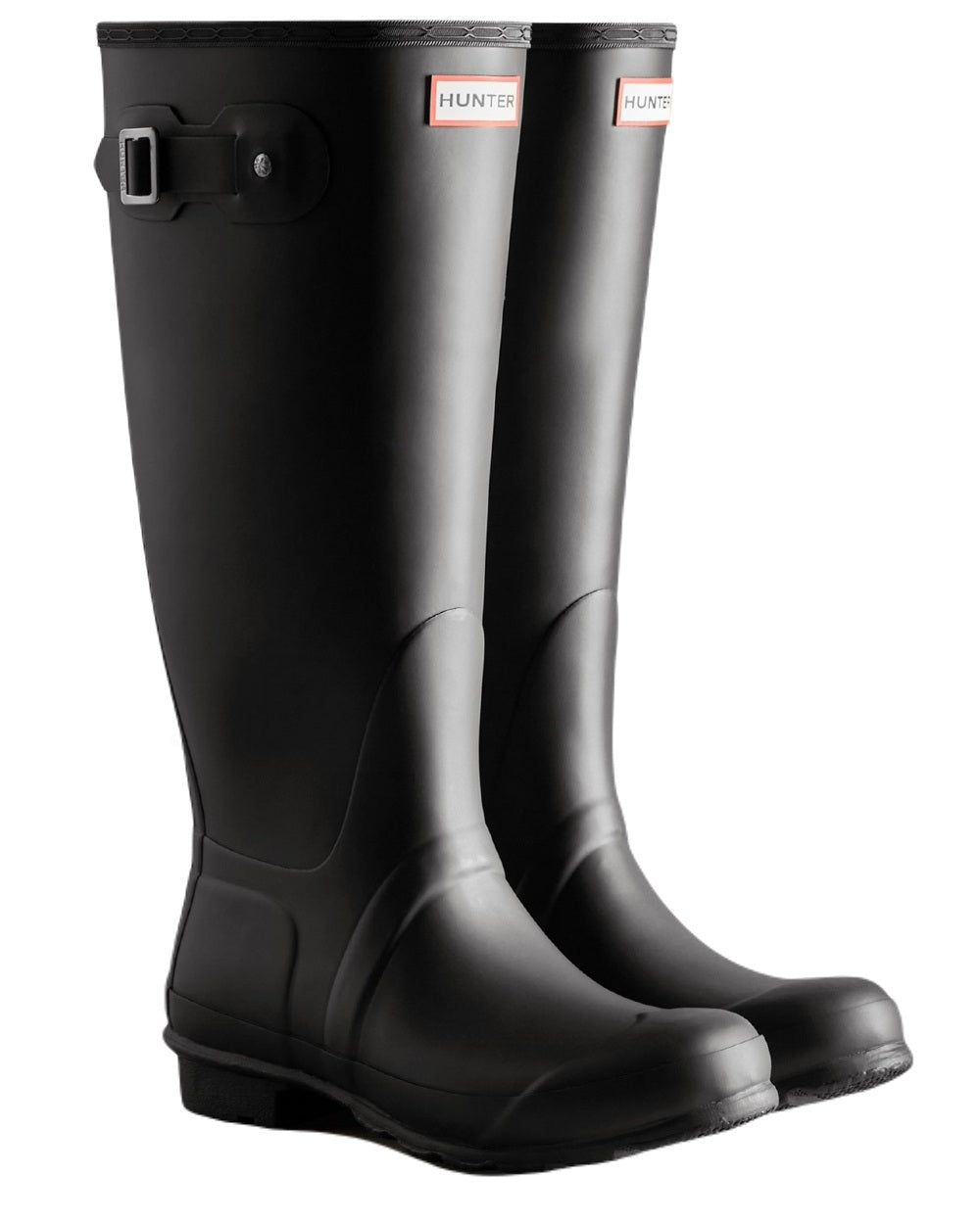Black Coloured Hunter Womens Tall Wide Fit Wellington Boots on White Background
