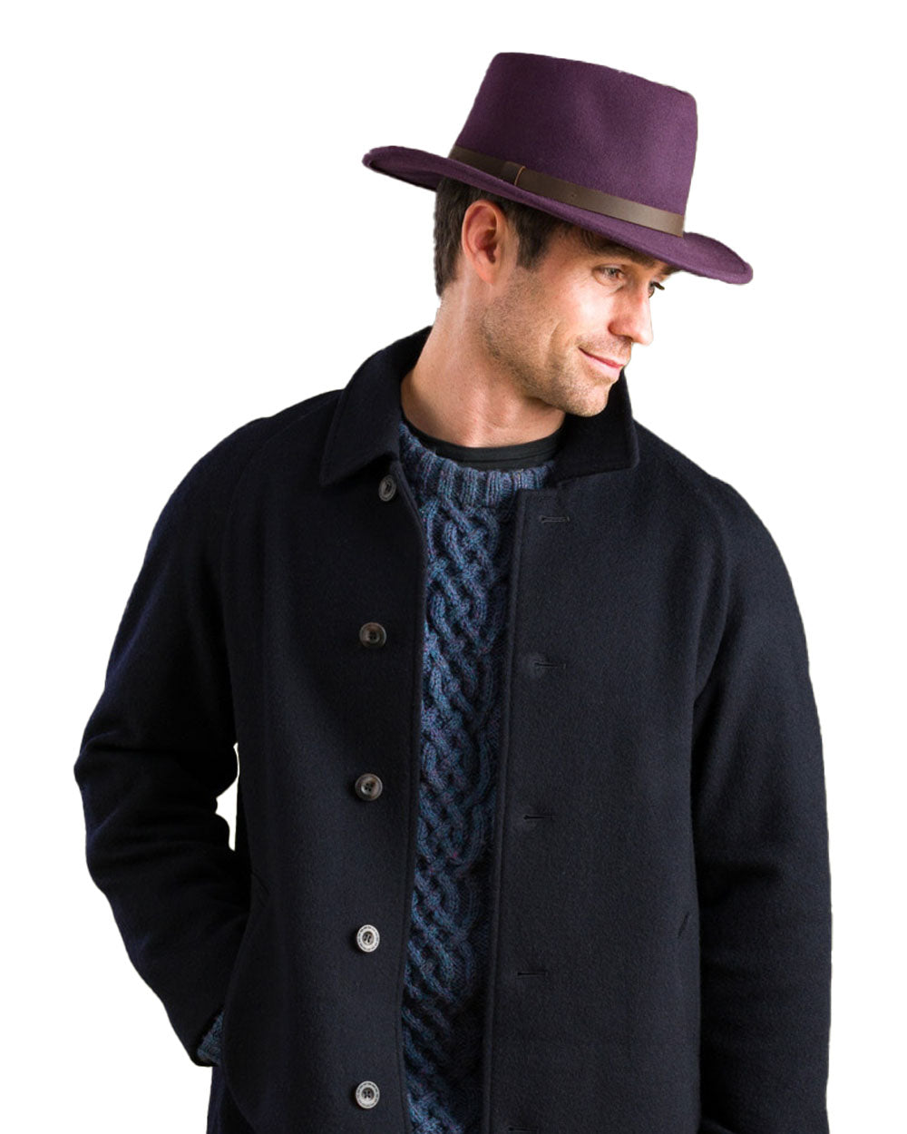 Plum coloured Jack Murphy Boston Crushable Felt Hat on wall background 