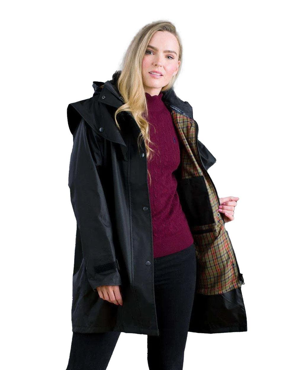 Black coloured Jack Murphy Cotswold Ladies Waterproof 3/4 Coat on White background 