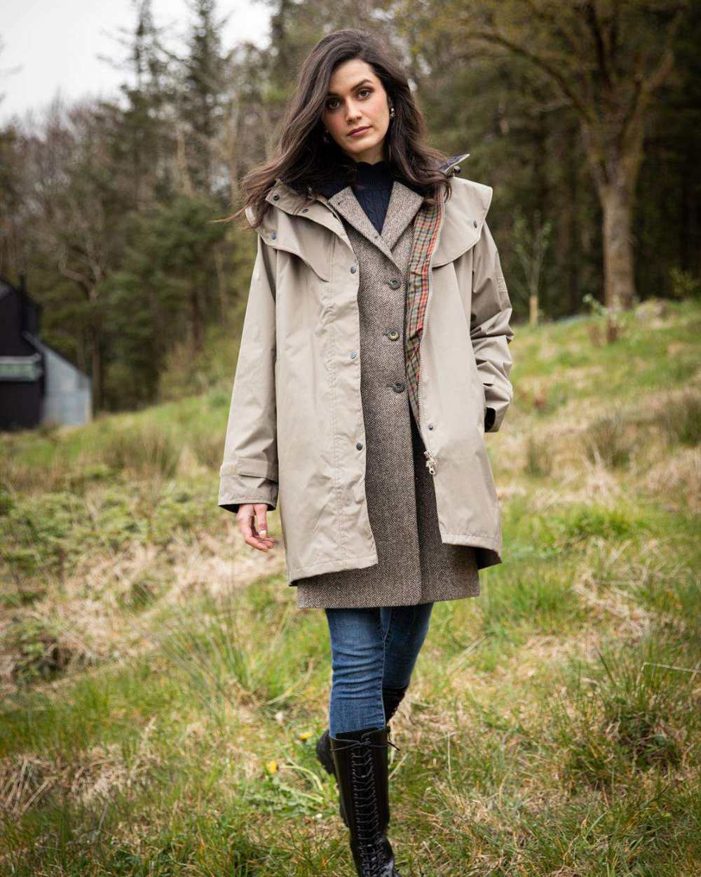 Chincilla coloured Jack Murphy Cotswold Ladies Waterproof 3/4 Coat on forest background 