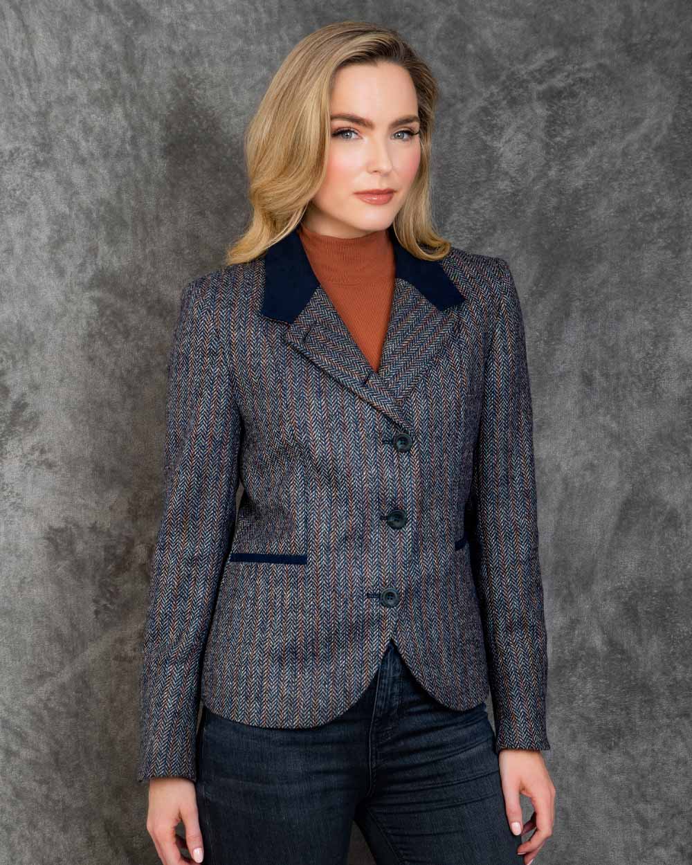 Blue Moon Herringbone Coloured Jack Murphy Sasha Tweed Jacket on indoor background 
