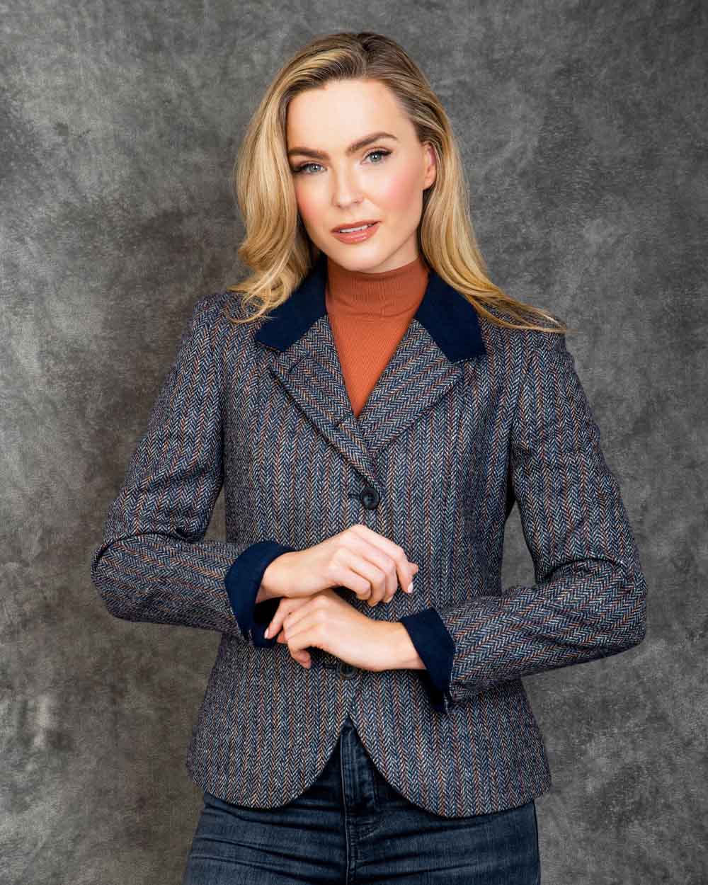 Blue Moon Herringbone Coloured Jack Murphy Sasha Tweed Jacket on indoor background 