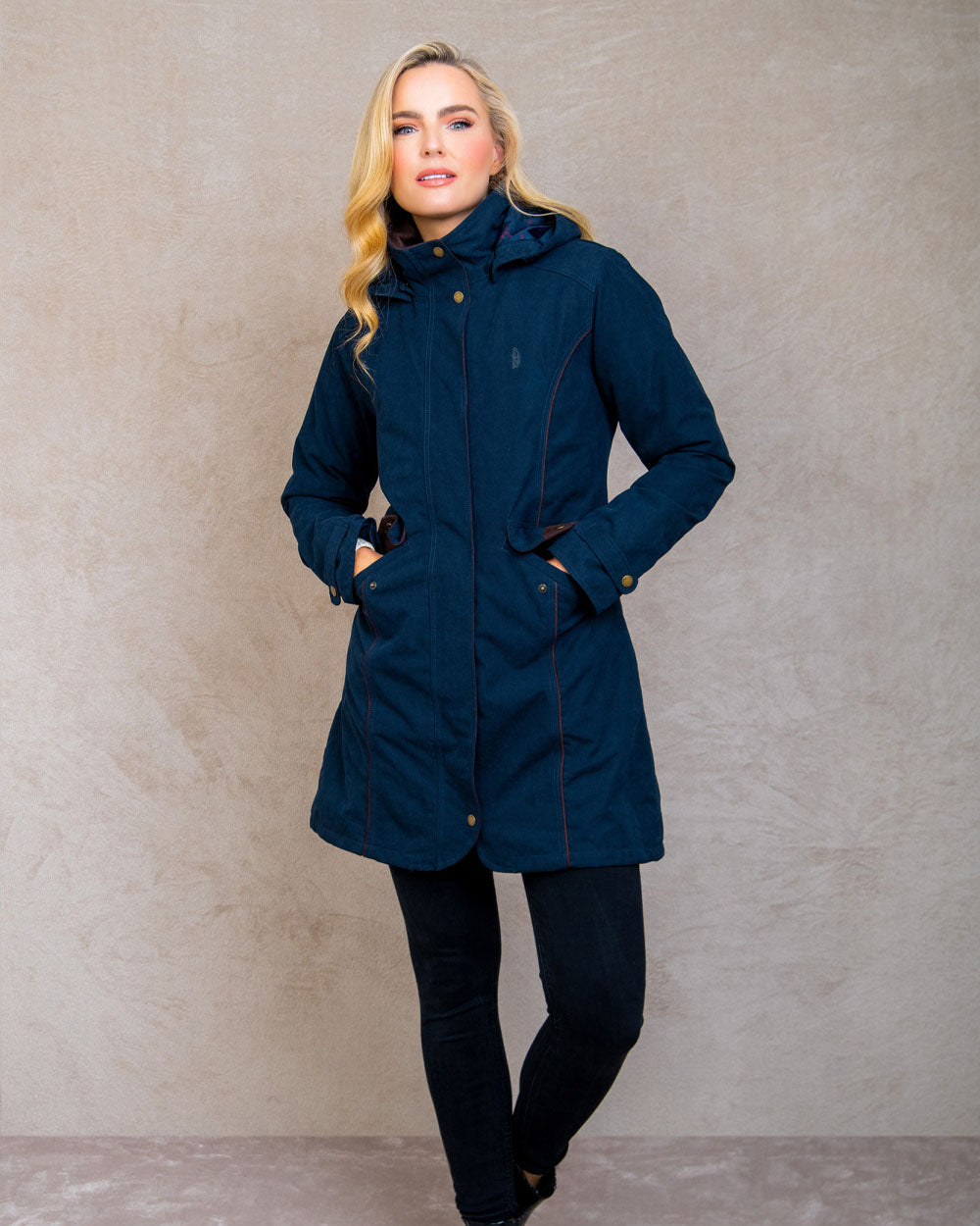 Heritage Navy coloured Jack Murphy Una 3/4 Waterproof Coat on Beige background 