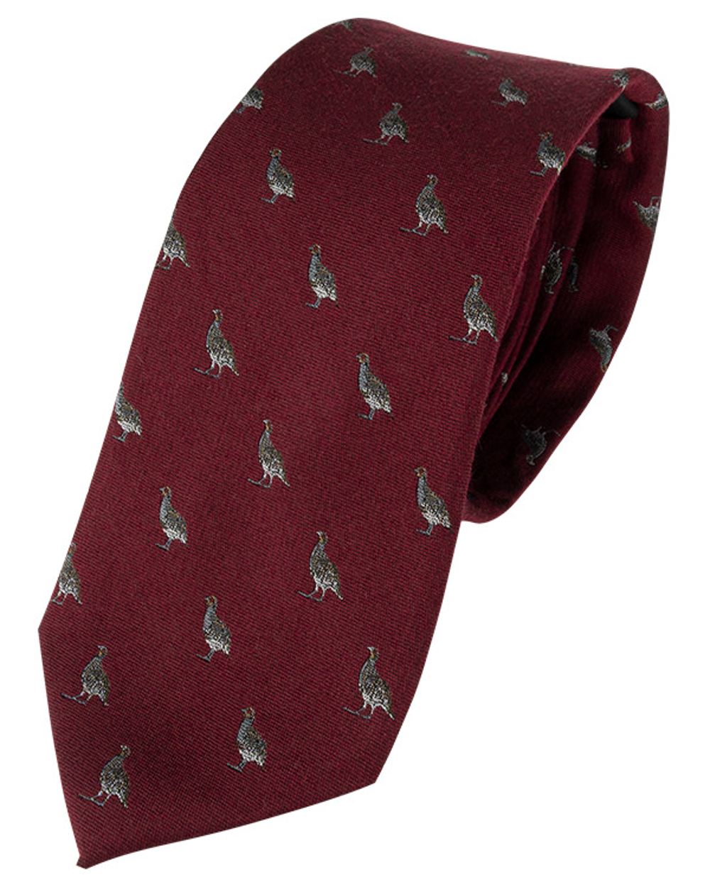 Burgundy coloured Jack Pyke Silk Tie Partridge on white background 