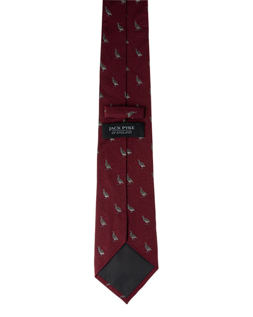 Burgundy coloured Jack Pyke Silk Tie Partridge on white background 