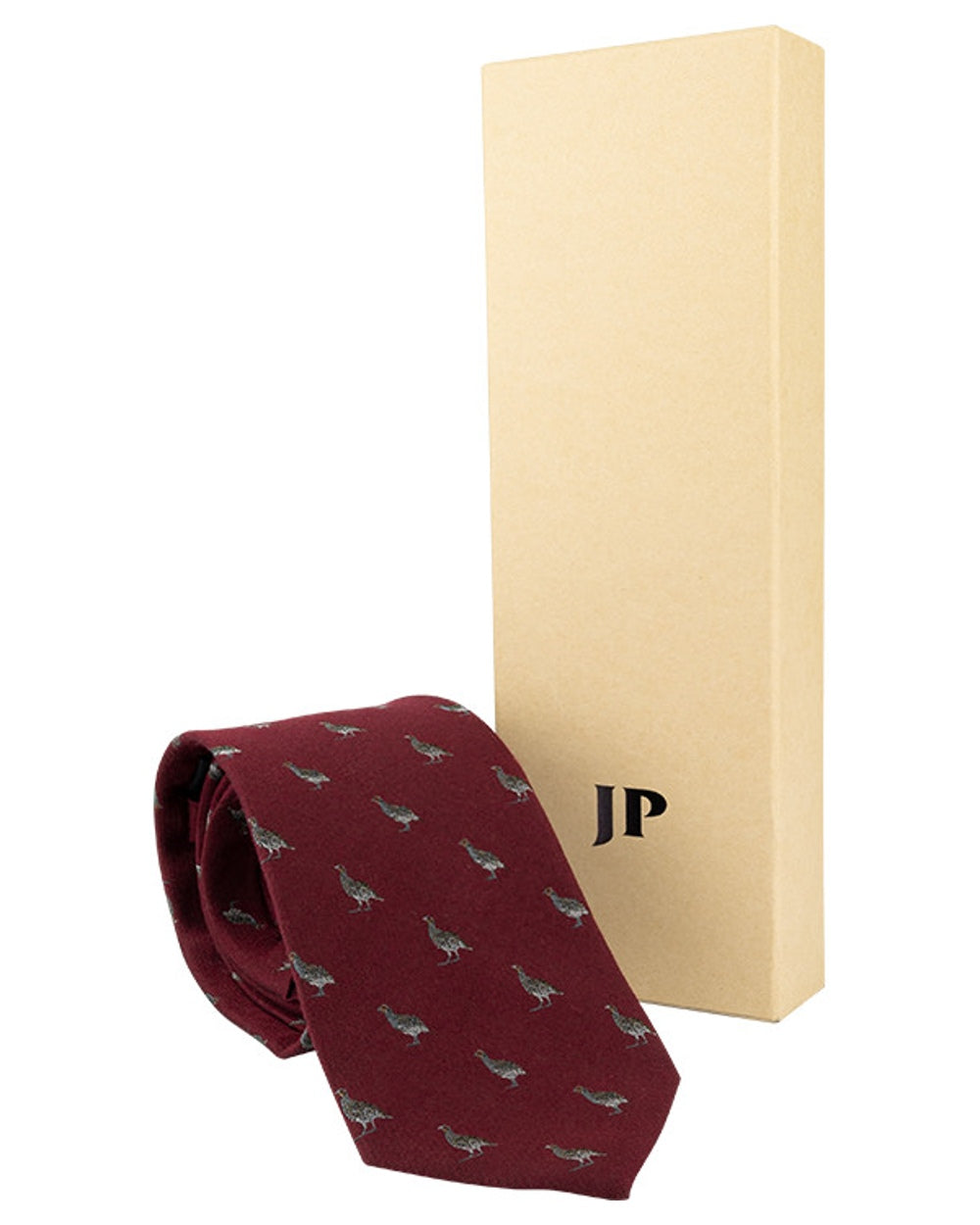 Burgundy coloured Jack Pyke Silk Tie Partridge on white background 