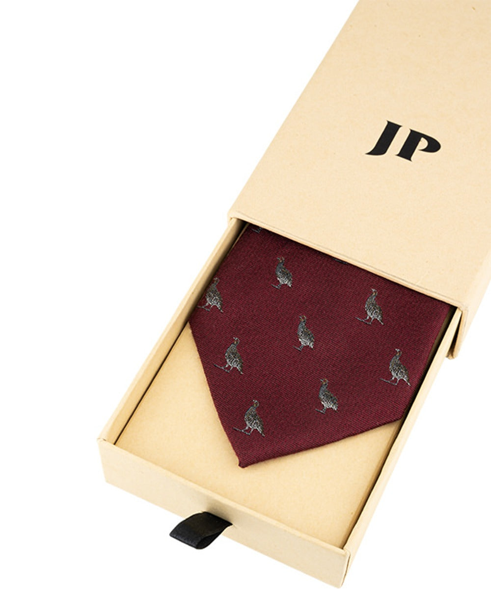 Burgundy coloured Jack Pyke Silk Tie Partridge on white background 