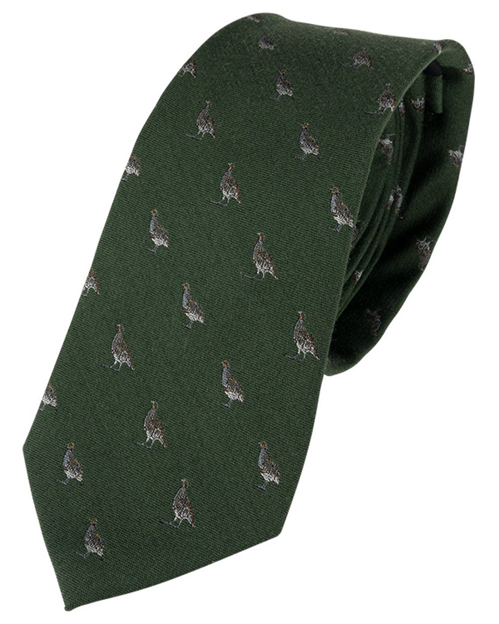 Green coloured Jack Pyke Silk Tie Partridge on white background 