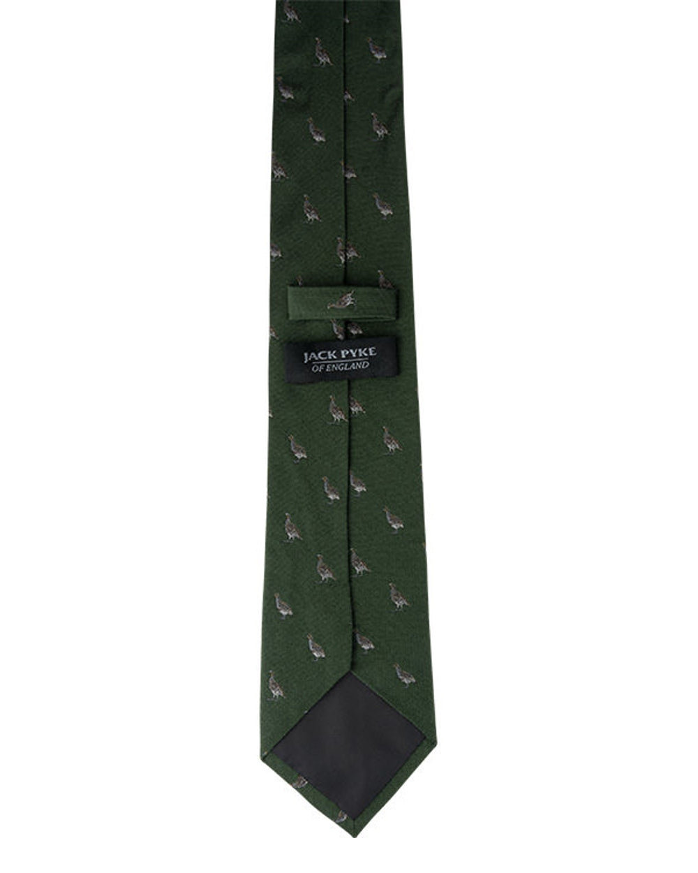 Green coloured Jack Pyke Silk Tie Partridge on white background 