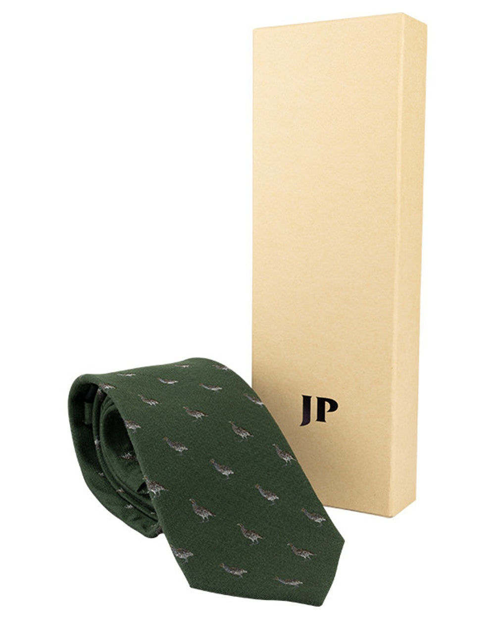 Green coloured Jack Pyke Silk Tie Partridge on white background 