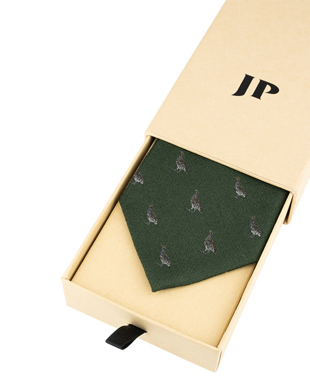 Green coloured Jack Pyke Silk Tie Partridge on white background 