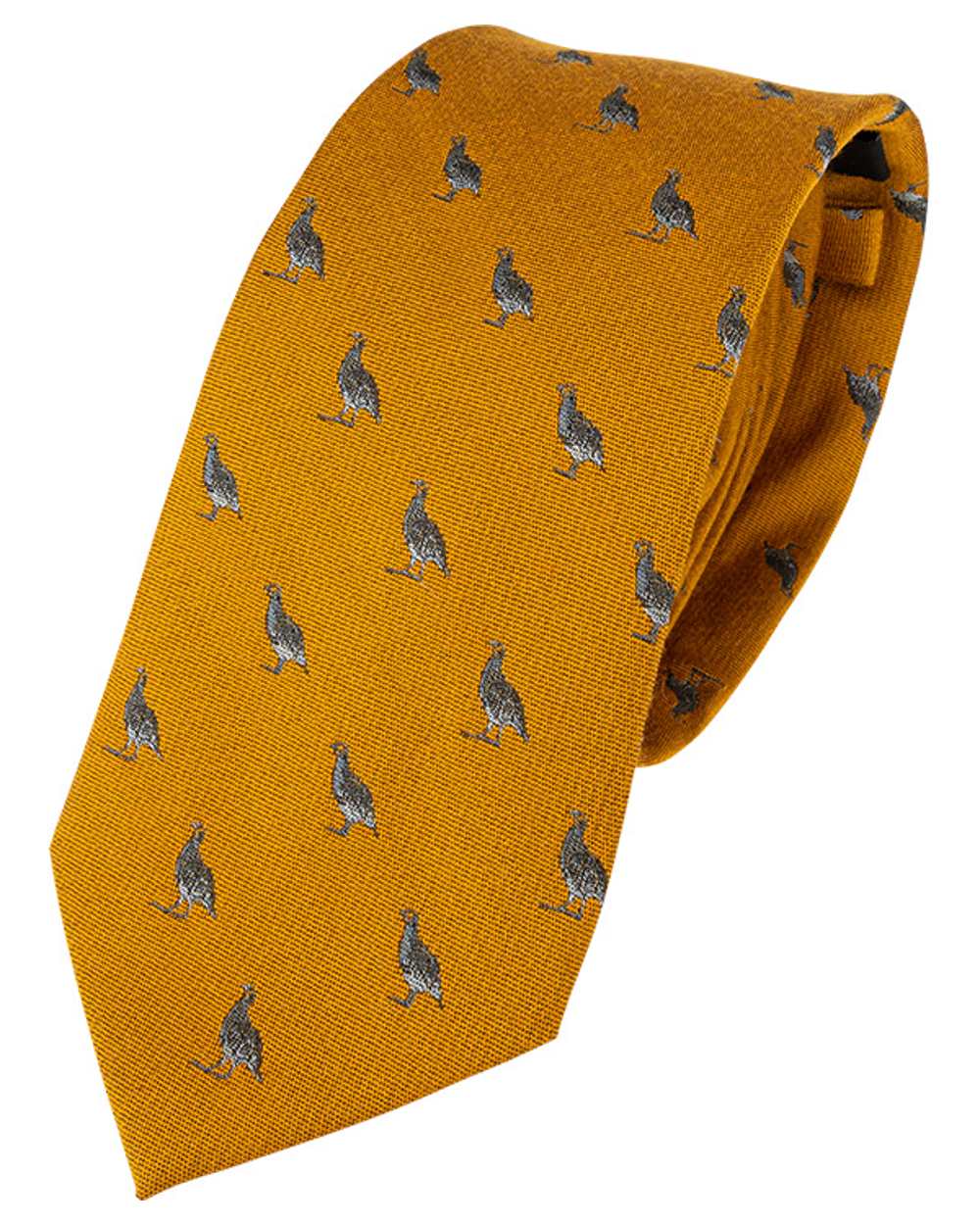 Mustard coloured Jack Pyke Silk Tie Partridge on white background 