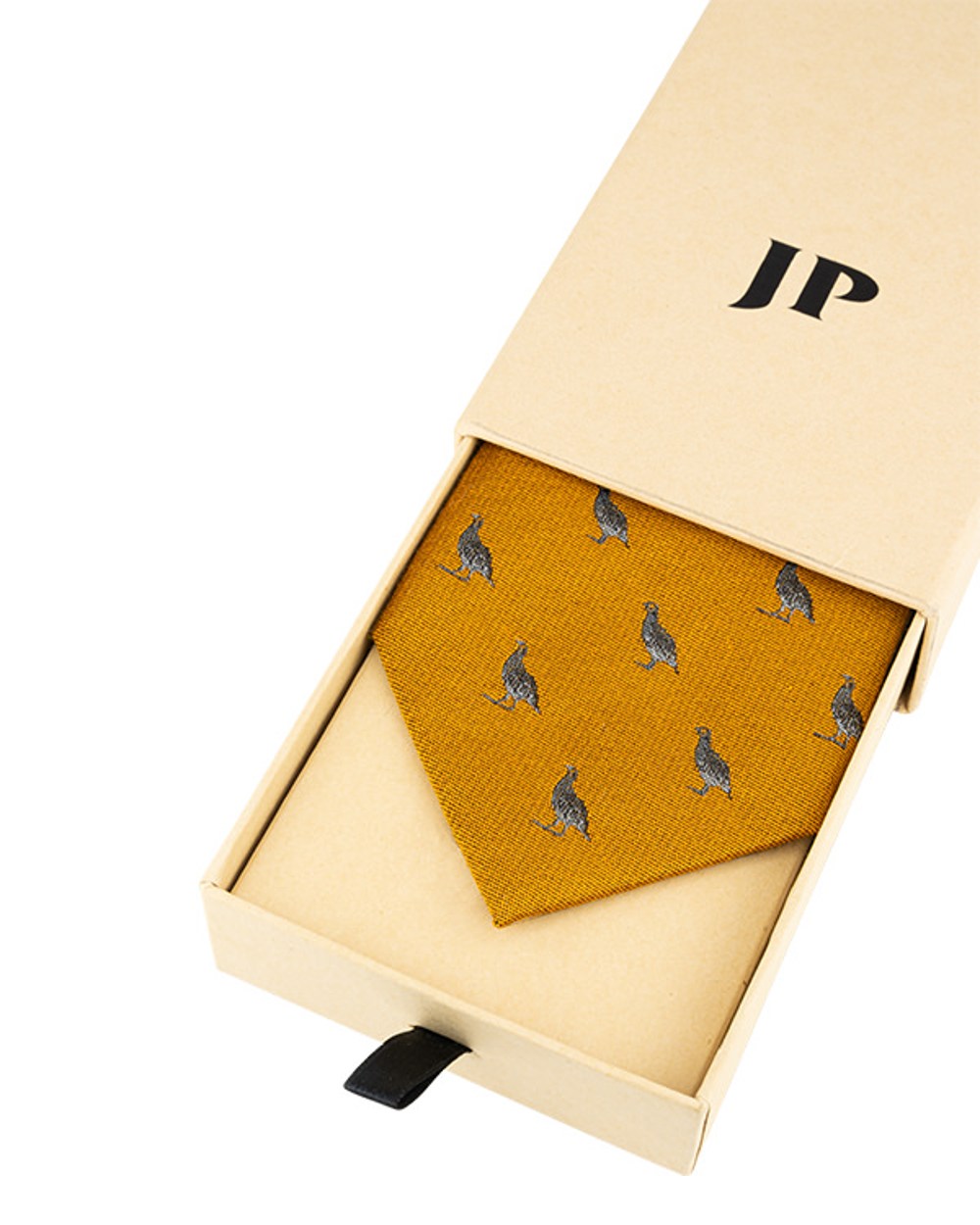 Mustard coloured Jack Pyke Silk Tie Partridge on white background 