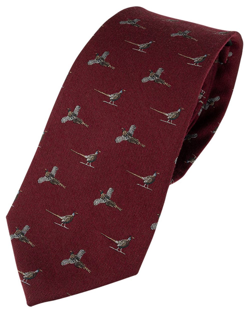 Burgundy coloured Jack Pyke Silk Tie Pheasant on white background 