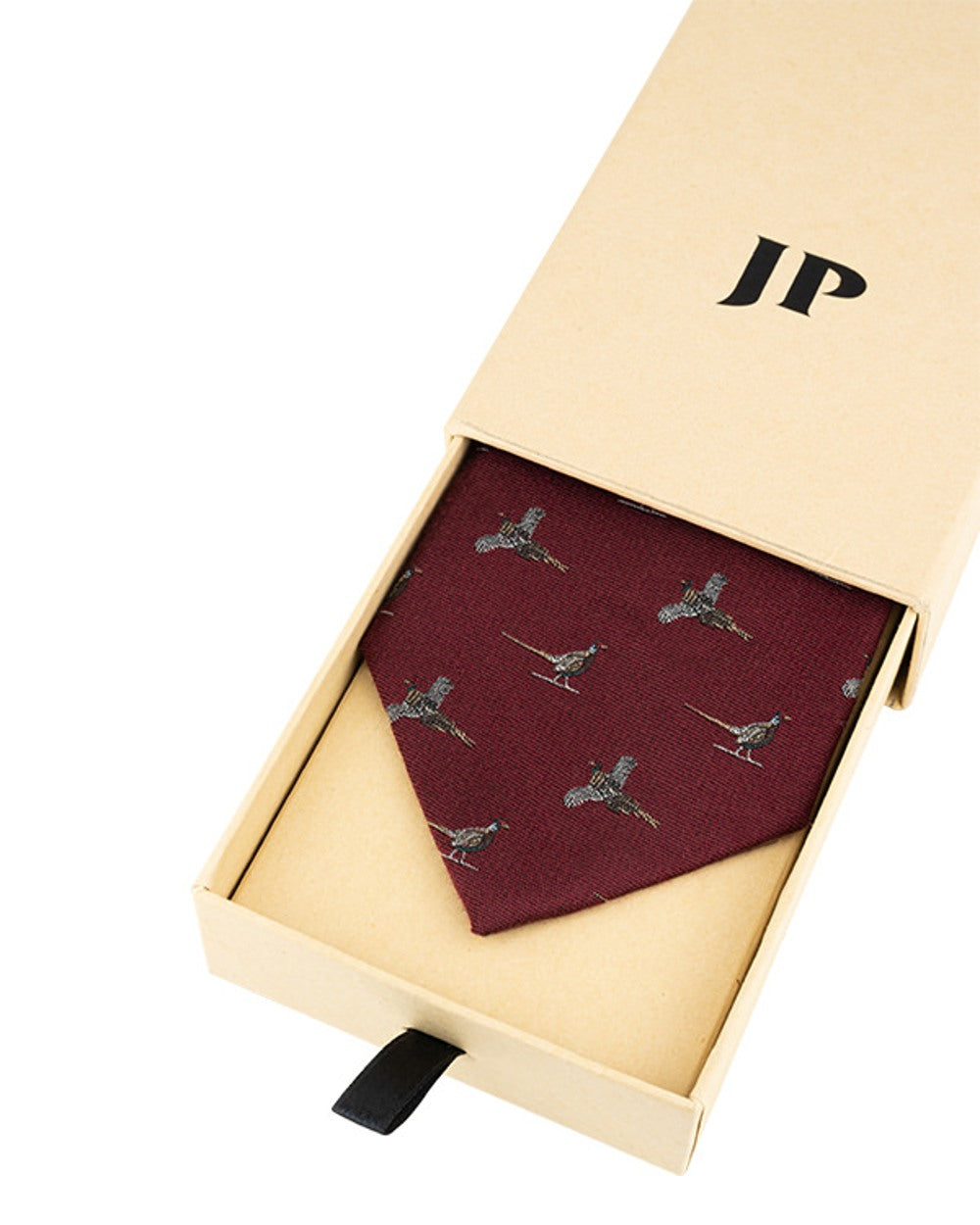 Burgundy coloured Jack Pyke Silk Tie Pheasant on white background 